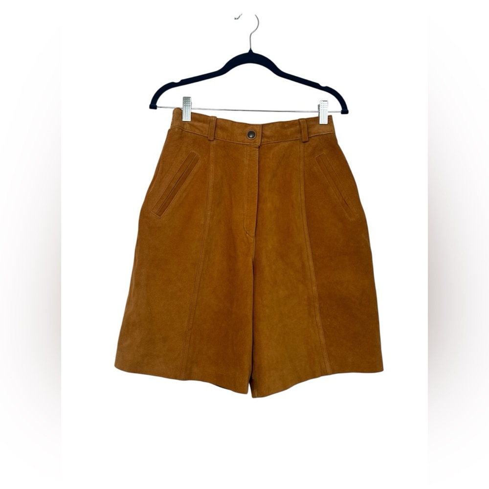 Vintage Forenza 100% Leather Tan sz10 High Waist Pleated Knee Length Shorts
